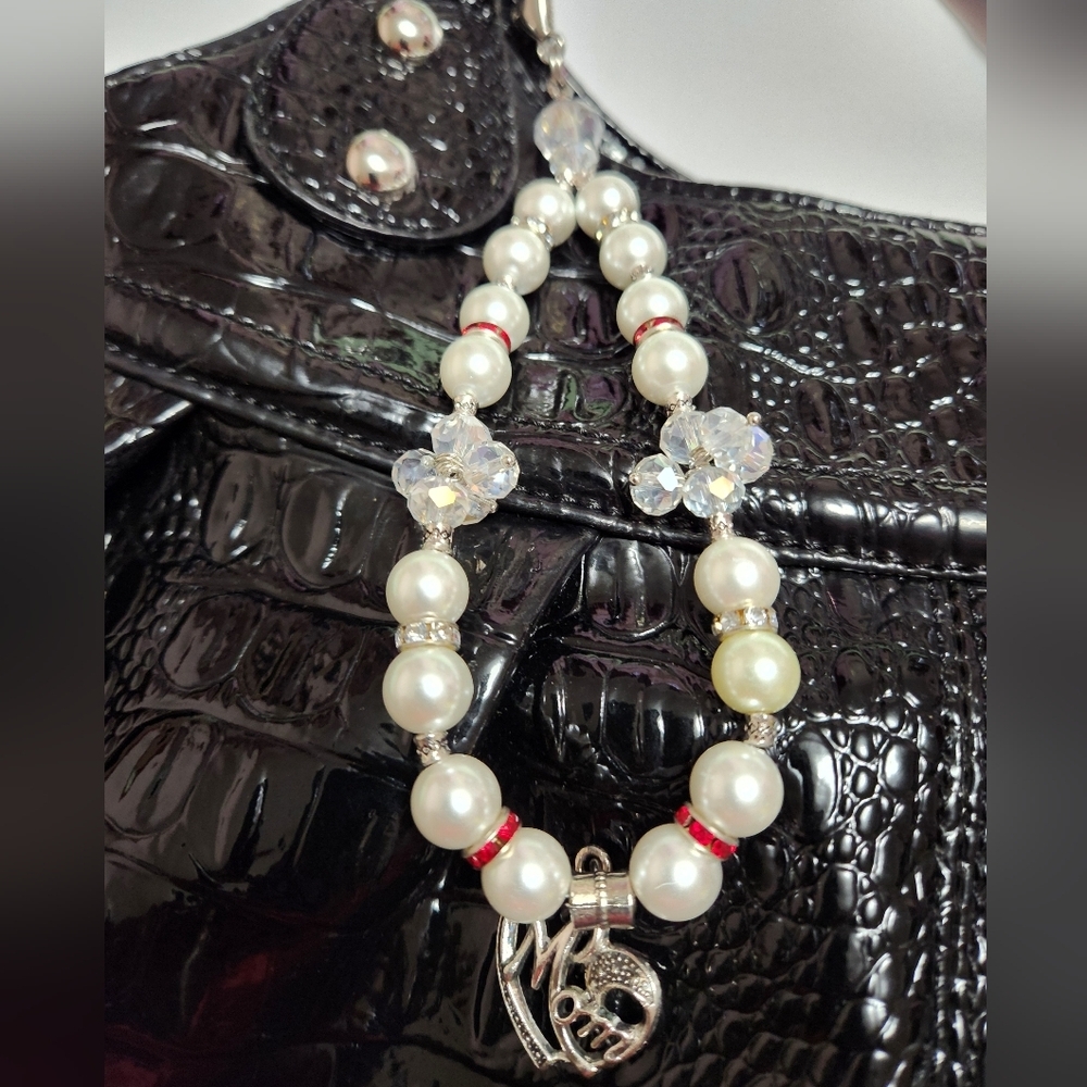 Hand Crafted Purse/Bag Charm Faux Pearls Crystals with Mom Pendant 8 1/4 inches